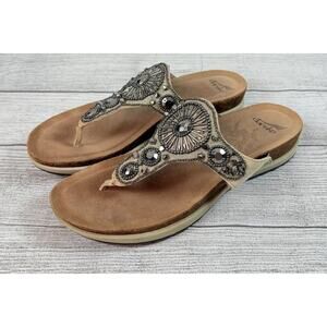 Dansko Pamela Sandals Embellished Beaded Taupe Suede Leather Slip On Size 9-9.5